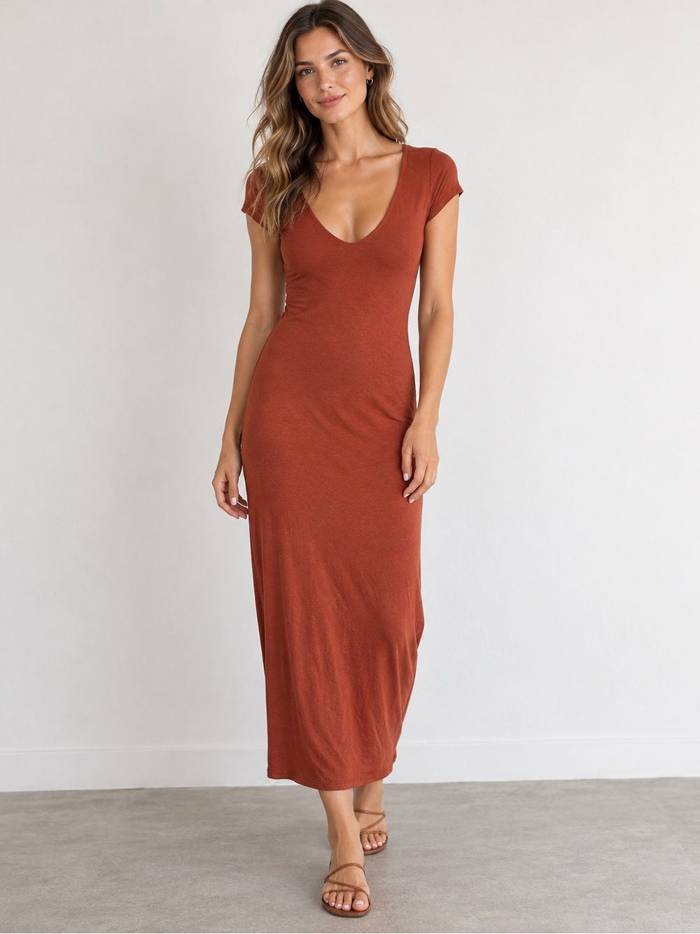 See You Monday Rust Scoop-Neck Cap-Sleeve Maxi Dress